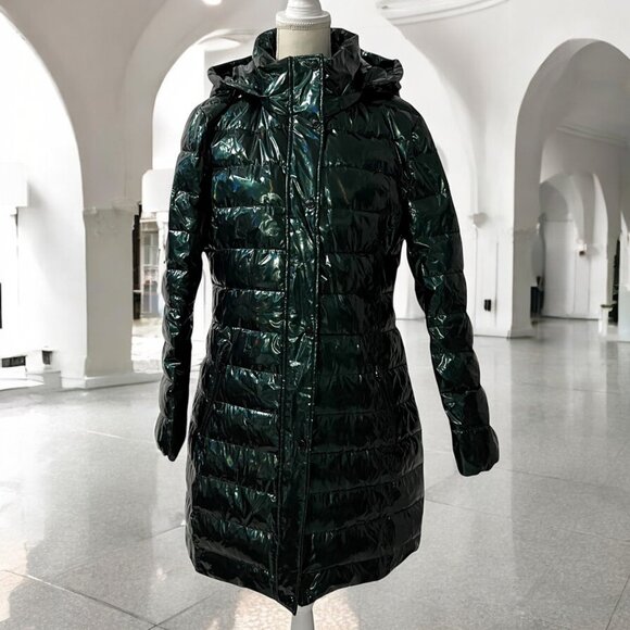 Guess Green High Shine Long Hooded Puffer Coat With Hood Size Large - Picture 1 of 13